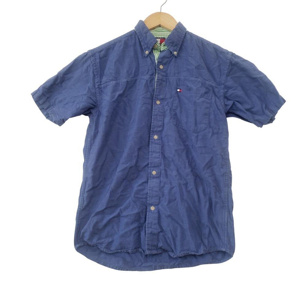 Tommy Hilfiger Button Down Shirt Large Blue Short Sleeve 90s Cotton Logo Preppy